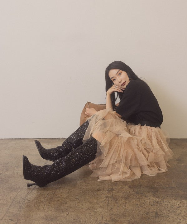 JEWEL-KNEE HIGH SEQUIN BOOTS