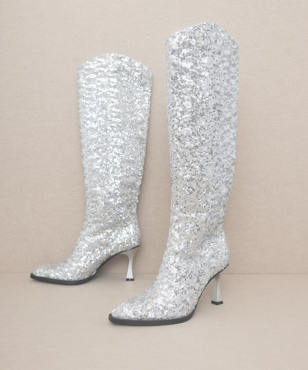 JEWEL-KNEE HIGH SEQUIN BOOTS