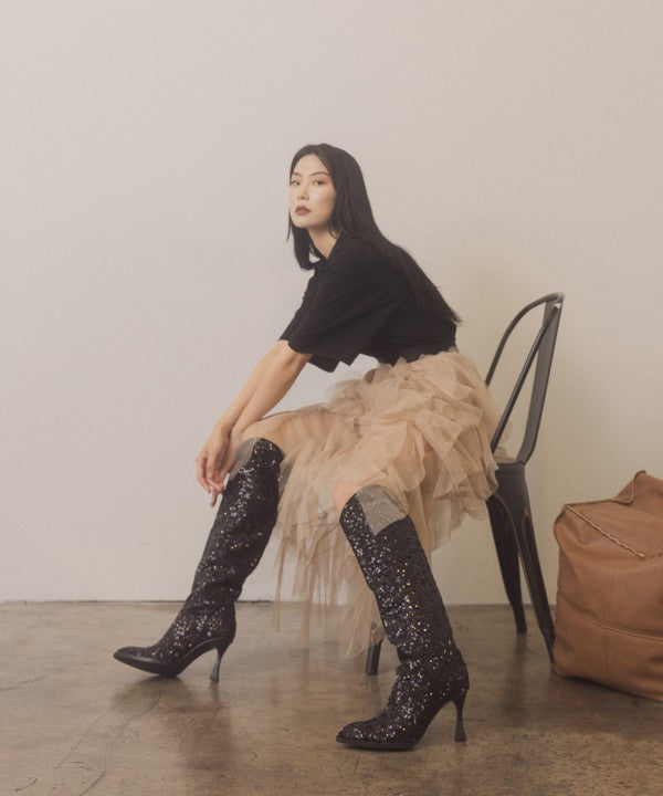 JEWEL-KNEE HIGH SEQUIN BOOTS